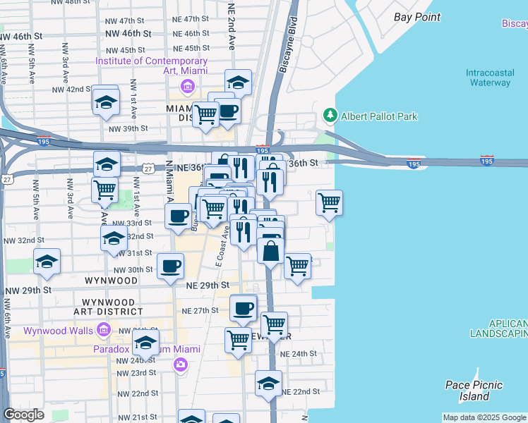 map of restaurants, bars, coffee shops, grocery stores, and more near in Miami