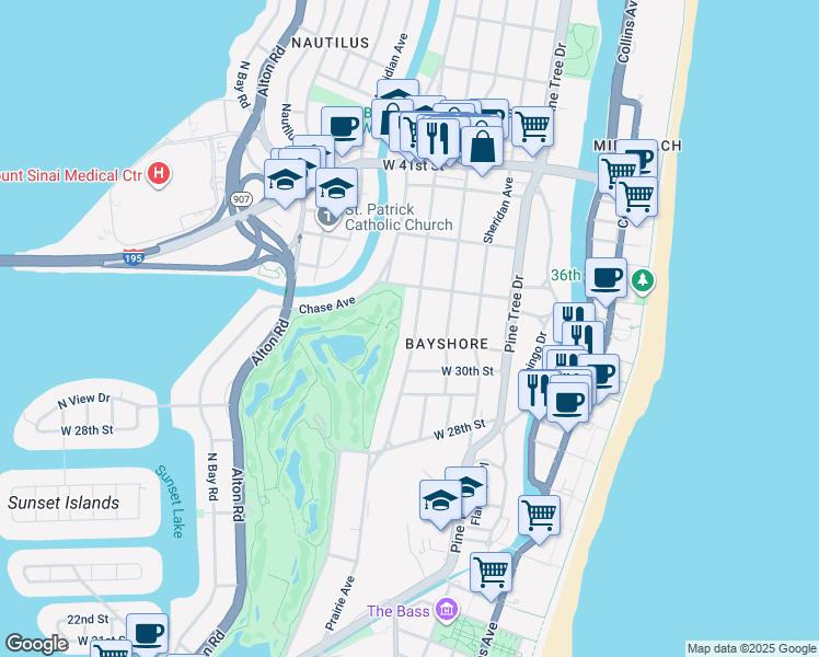 map of restaurants, bars, coffee shops, grocery stores, and more near 3050 Prairie Avenue in Miami Beach