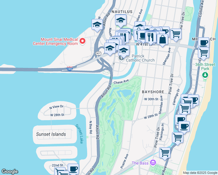map of restaurants, bars, coffee shops, grocery stores, and more near Alton Road in Miami Beach