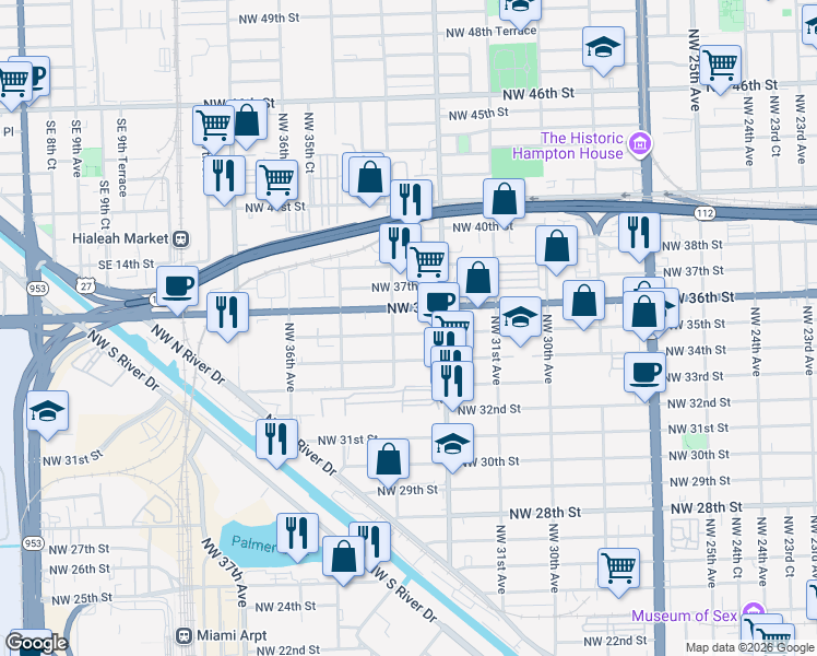 map of restaurants, bars, coffee shops, grocery stores, and more near 3298 Northwest 35th Street in Miami