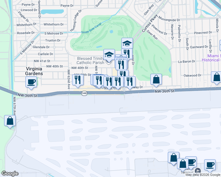 map of restaurants, bars, coffee shops, grocery stores, and more near NW 37th St & NW 58th Ave in Virginia Gardens