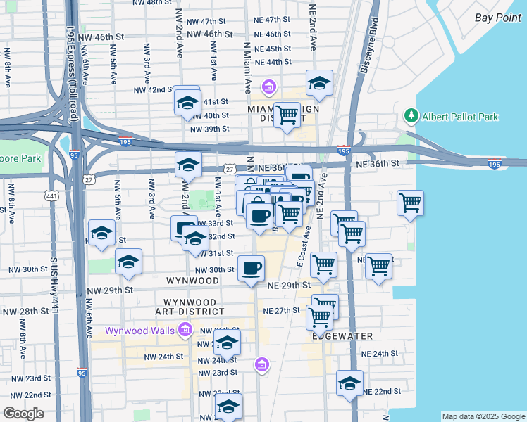 map of restaurants, bars, coffee shops, grocery stores, and more near 3401 North Miami Avenue in Miami