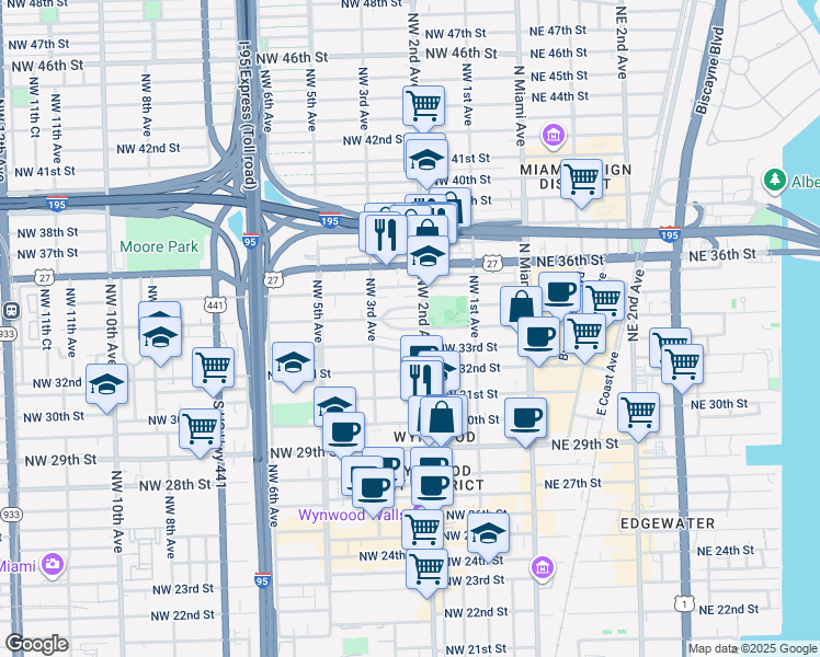 map of restaurants, bars, coffee shops, grocery stores, and more near 259 Northwest 33rd Street in Miami