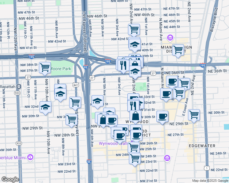 map of restaurants, bars, coffee shops, grocery stores, and more near 337 Northwest 33rd Street in Miami