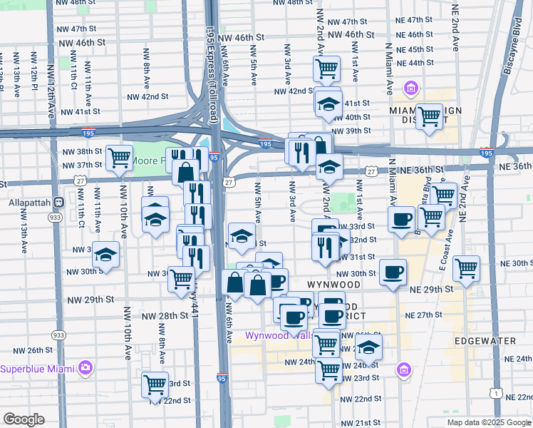 map of restaurants, bars, coffee shops, grocery stores, and more near in Miami