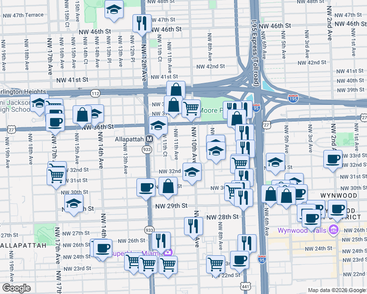 map of restaurants, bars, coffee shops, grocery stores, and more near 1065 Northwest 33rd Street in Miami