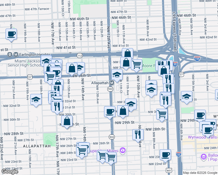 map of restaurants, bars, coffee shops, grocery stores, and more near in Miami