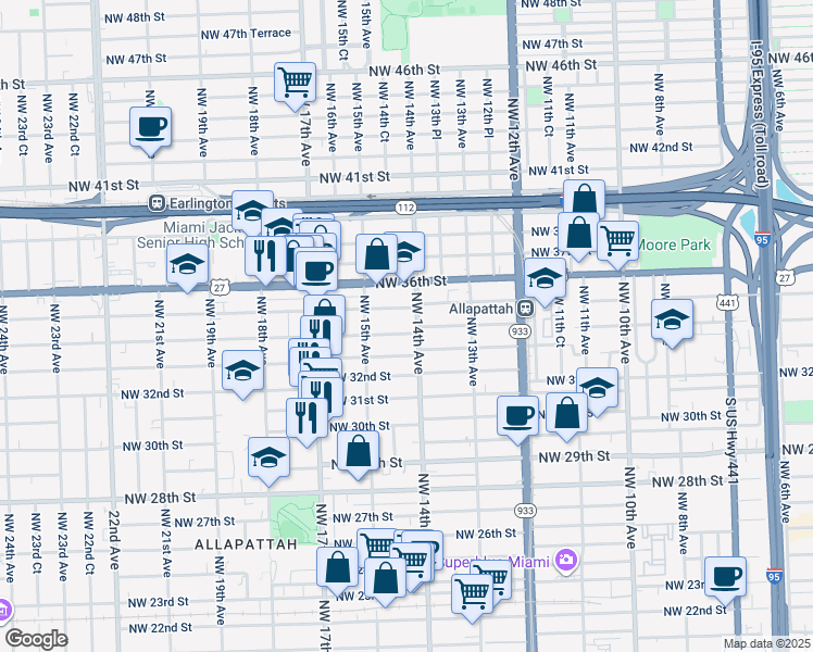 map of restaurants, bars, coffee shops, grocery stores, and more near 3320 Northwest 14th Avenue in Miami