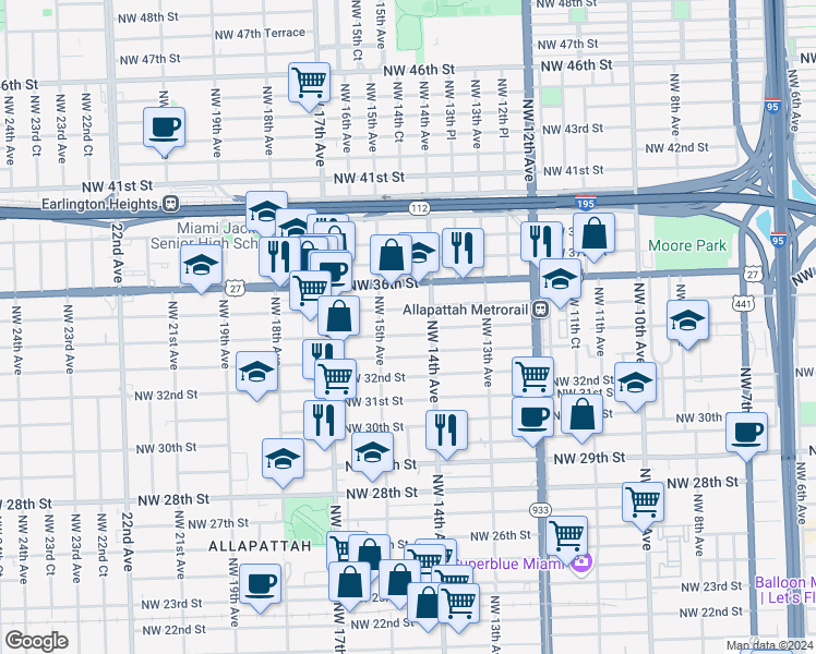 map of restaurants, bars, coffee shops, grocery stores, and more near 3320 Northwest 14th Avenue in Miami