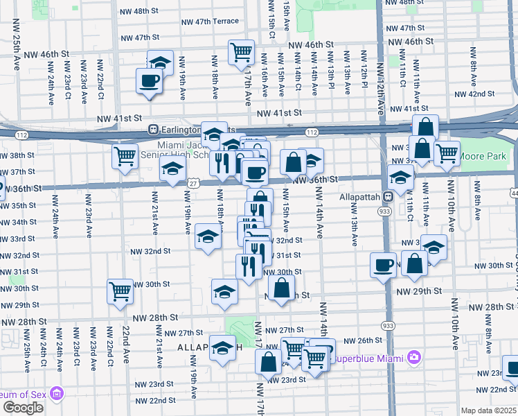 map of restaurants, bars, coffee shops, grocery stores, and more near 1560 Northwest 34th Street in Miami