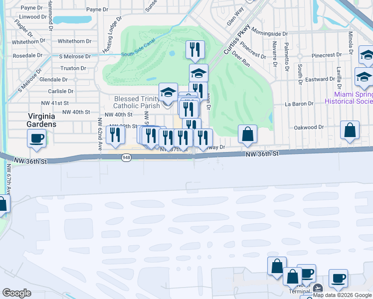 map of restaurants, bars, coffee shops, grocery stores, and more near 5754-5794 Northwest 36th Street in Miami