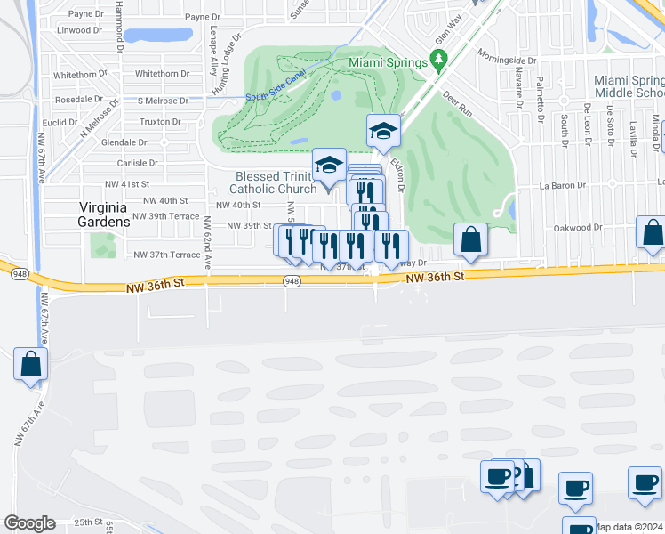 map of restaurants, bars, coffee shops, grocery stores, and more near 5754-5794 Northwest 36th Street in Miami