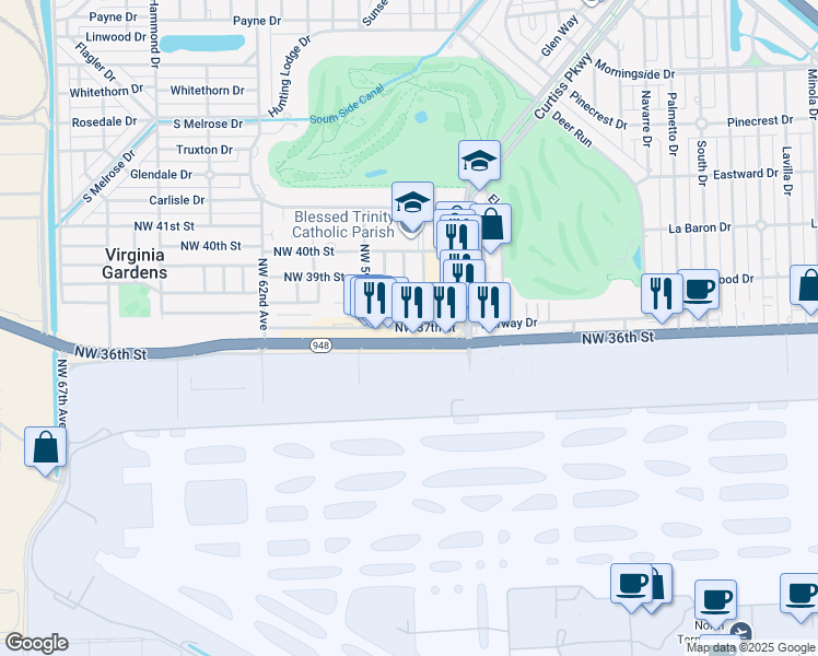 map of restaurants, bars, coffee shops, grocery stores, and more near 5825 Northwest 36th Street in Virginia Gardens