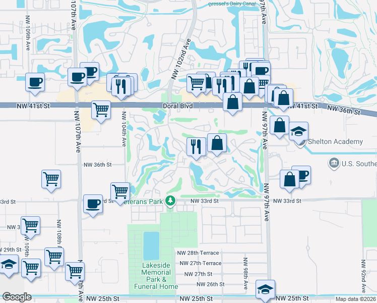 map of restaurants, bars, coffee shops, grocery stores, and more near 100 Costa Del Sol Boulevard in Doral