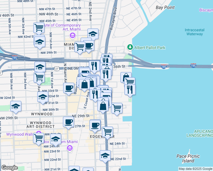 map of restaurants, bars, coffee shops, grocery stores, and more near 345 Northwest 32nd Court in Miami