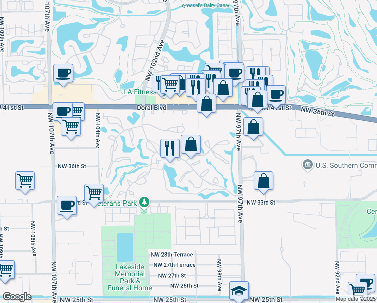 map of restaurants, bars, coffee shops, grocery stores, and more near 3644 Alcantara Avenue in Doral