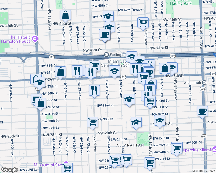 map of restaurants, bars, coffee shops, grocery stores, and more near 2131 Northwest 34th Street in Miami
