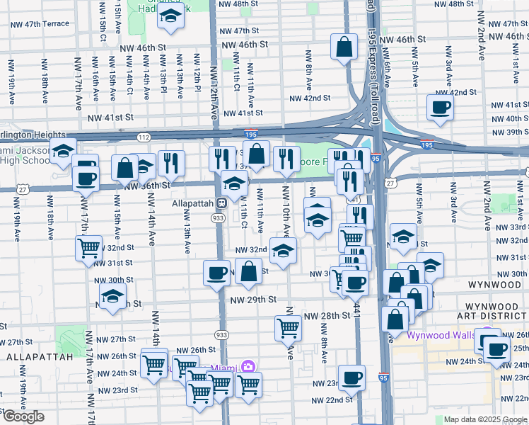 map of restaurants, bars, coffee shops, grocery stores, and more near 1065 Northwest 33rd Street in Miami