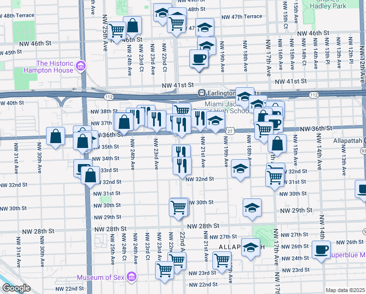 map of restaurants, bars, coffee shops, grocery stores, and more near 3400 Northwest 22nd Avenue in Miami