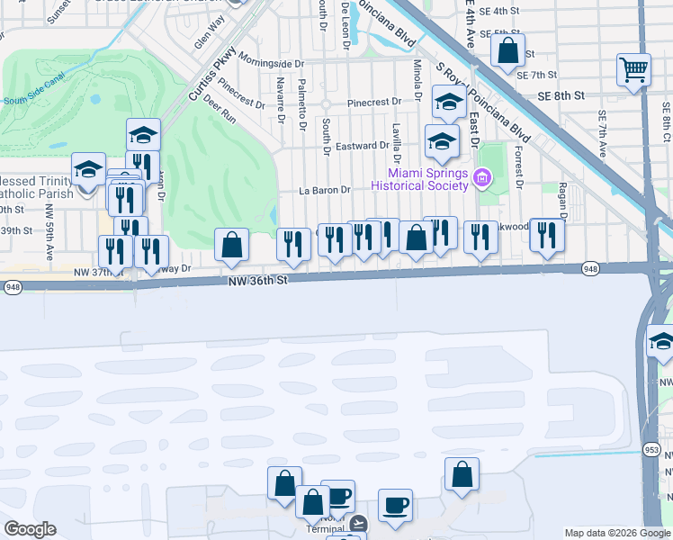 map of restaurants, bars, coffee shops, grocery stores, and more near 5175 Northwest 36th Street in Miami Springs