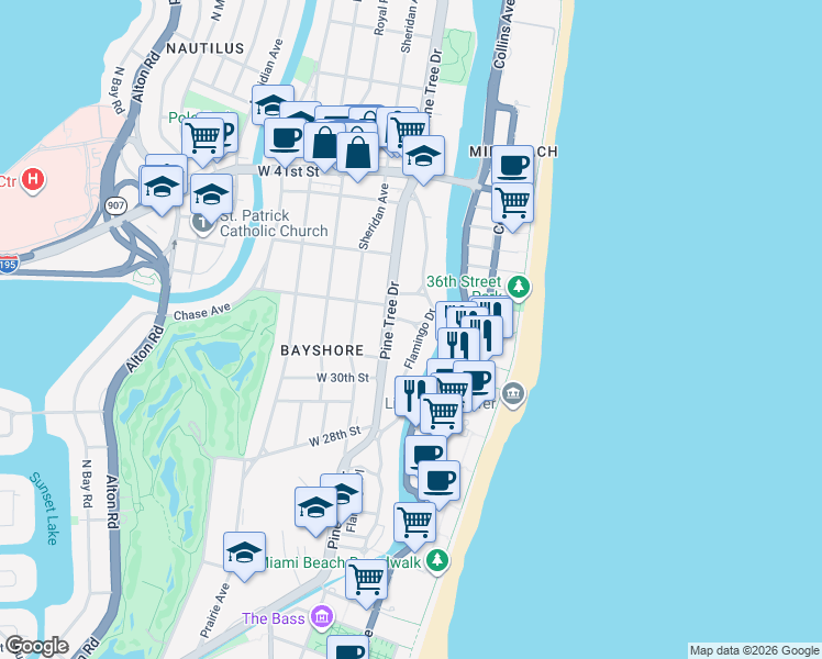 map of restaurants, bars, coffee shops, grocery stores, and more near 3115 Pine Tree Drive in Miami Beach