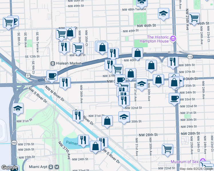 map of restaurants, bars, coffee shops, grocery stores, and more near 3298 Northwest 35th Street in Miami