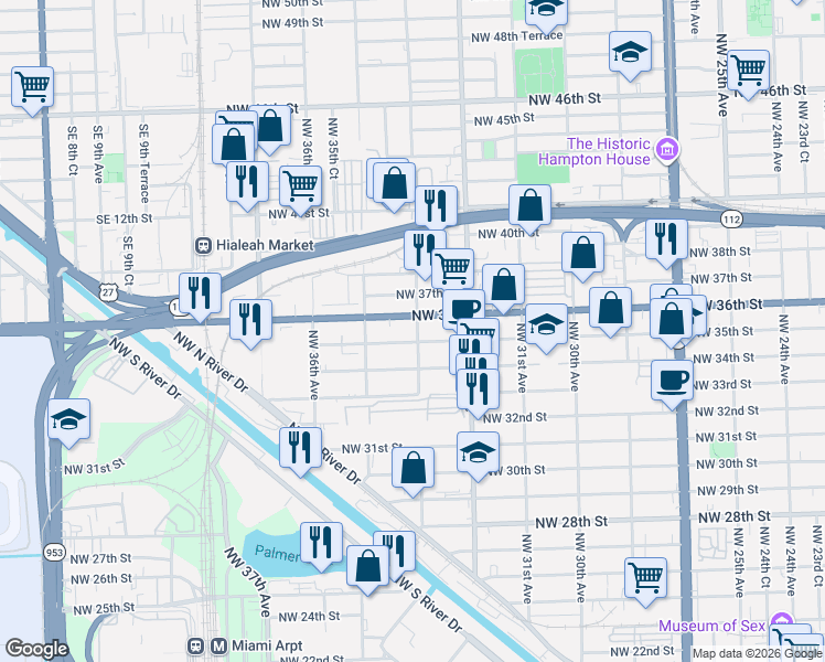 map of restaurants, bars, coffee shops, grocery stores, and more near 3298 Northwest 35th Street in Miami