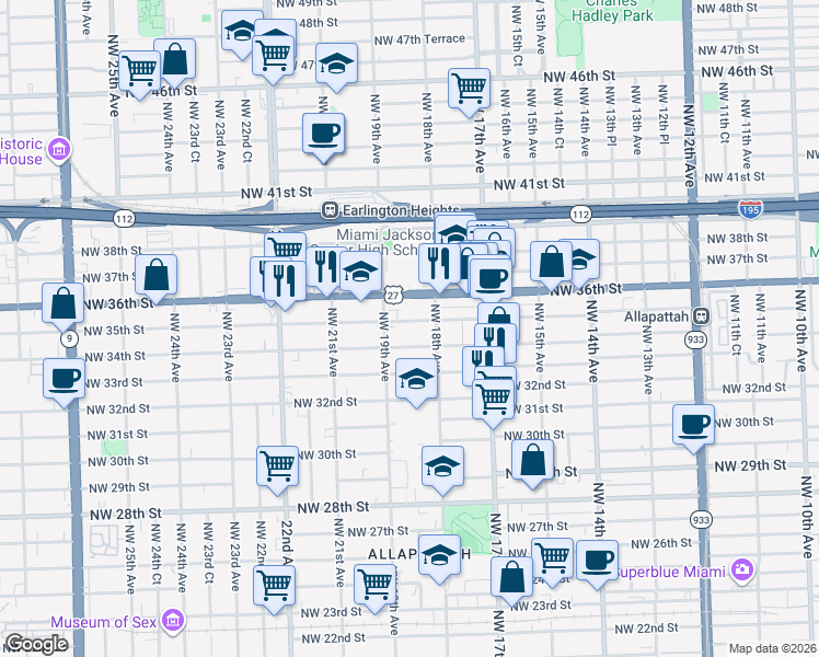 map of restaurants, bars, coffee shops, grocery stores, and more near 1880 Northwest 36th Street in Miami