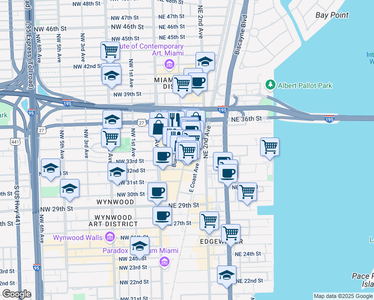 map of restaurants, bars, coffee shops, grocery stores, and more near 3402 Northeast 1st Avenue in Miami