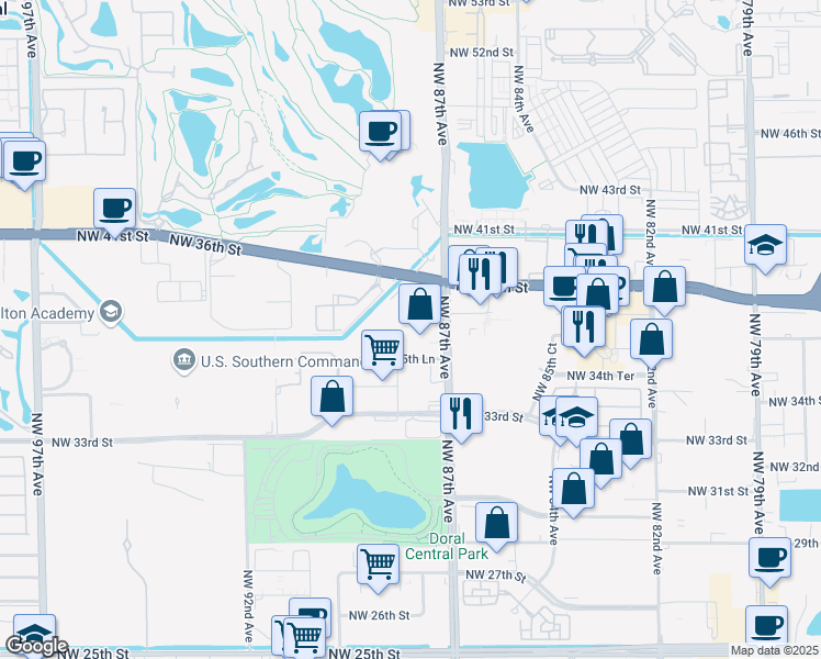 map of restaurants, bars, coffee shops, grocery stores, and more near 3750 Northwest 87th Avenue in Doral