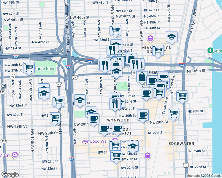map of restaurants, bars, coffee shops, grocery stores, and more near 255 Northwest 34th Terrace in Miami