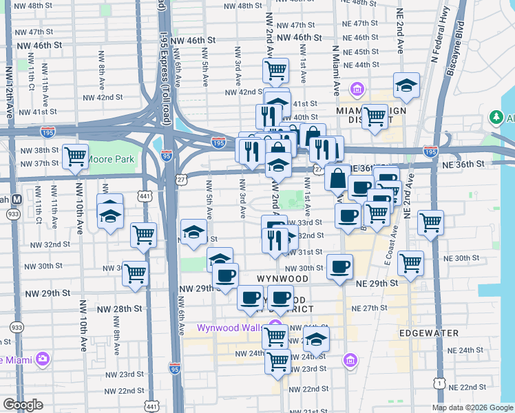 map of restaurants, bars, coffee shops, grocery stores, and more near 255 Northwest 34th Terrace in Miami