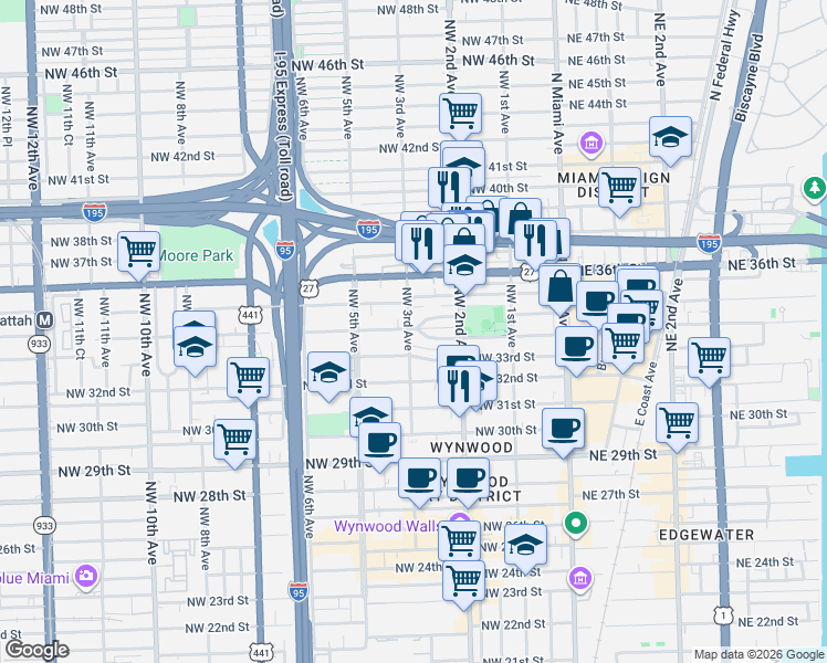 map of restaurants, bars, coffee shops, grocery stores, and more near 255 Northwest 34th Terrace in Miami