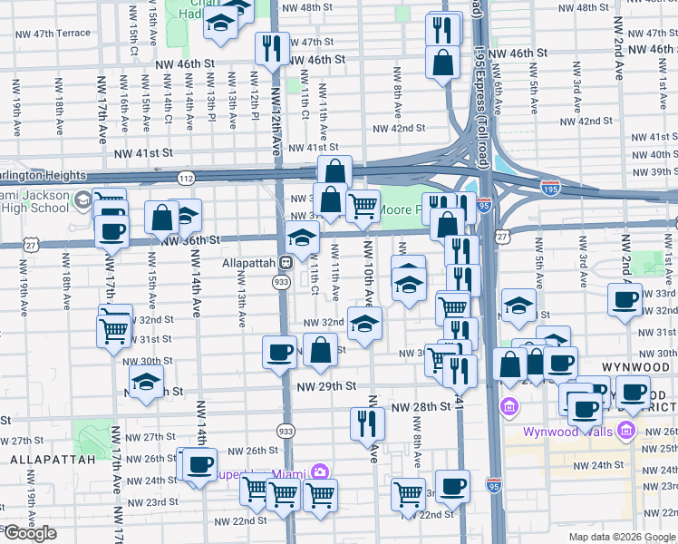 map of restaurants, bars, coffee shops, grocery stores, and more near 1045 Northwest 35th Street in Miami
