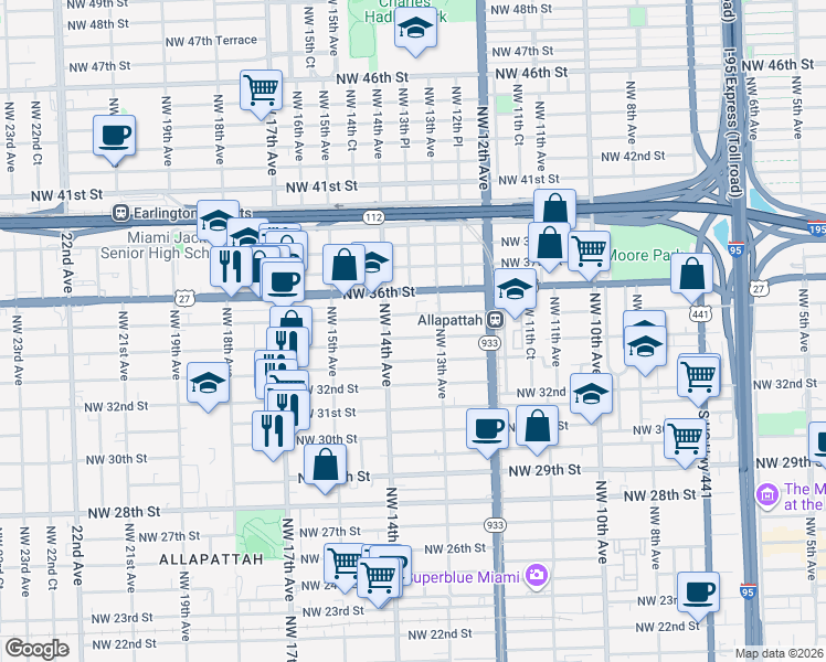 map of restaurants, bars, coffee shops, grocery stores, and more near 1335 Northwest 35th Street in Miami