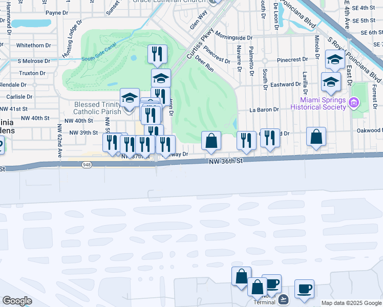 map of restaurants, bars, coffee shops, grocery stores, and more near 131 Fairway Drive in Miami Springs