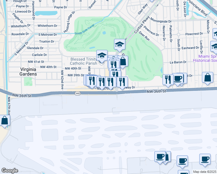 map of restaurants, bars, coffee shops, grocery stores, and more near 3805 Northwest 57th Place in Virginia Gardens
