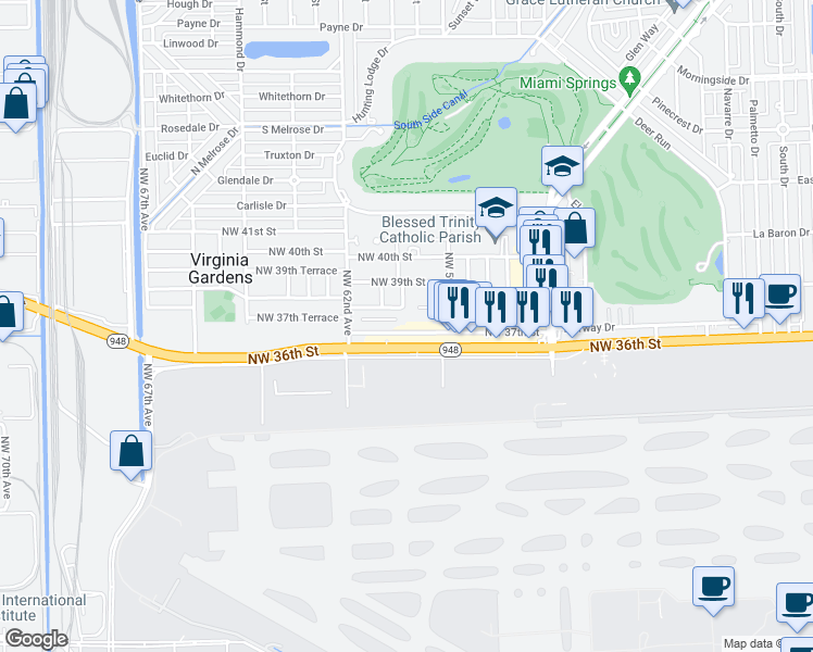 map of restaurants, bars, coffee shops, grocery stores, and more near 6002 Northwest 38th Street in Virginia Gardens