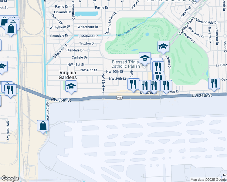 map of restaurants, bars, coffee shops, grocery stores, and more near in Virginia Gardens