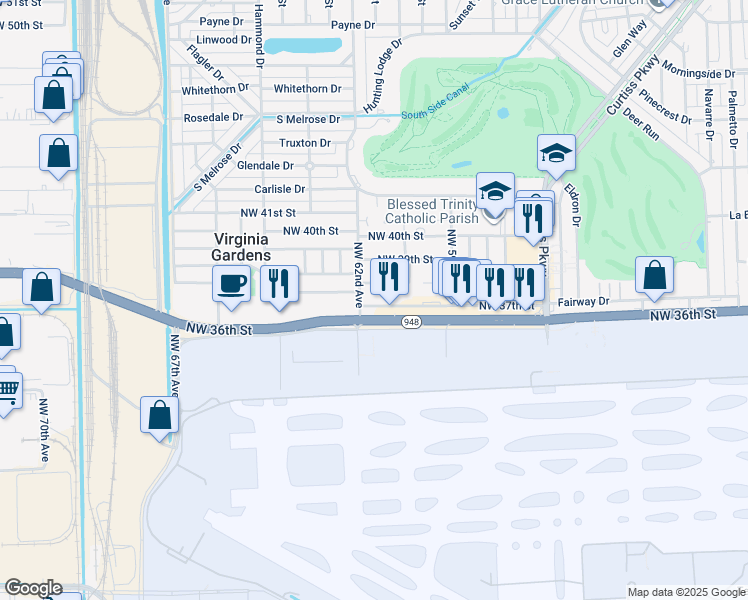 map of restaurants, bars, coffee shops, grocery stores, and more near in Virginia Gardens