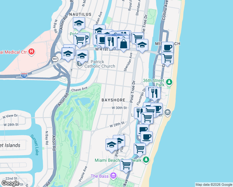 map of restaurants, bars, coffee shops, grocery stores, and more near 3184 Royal Palm Avenue in Miami Beach
