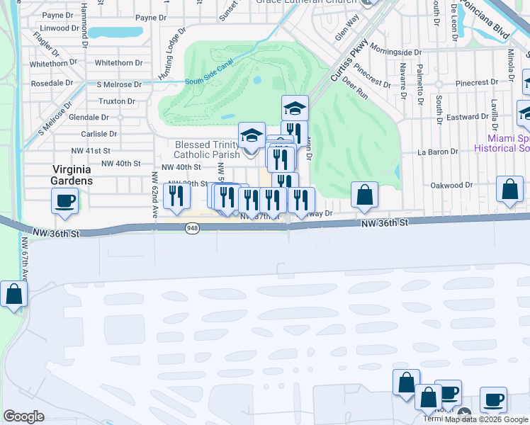 map of restaurants, bars, coffee shops, grocery stores, and more near 3805 Northwest 57th Place in Virginia Gardens