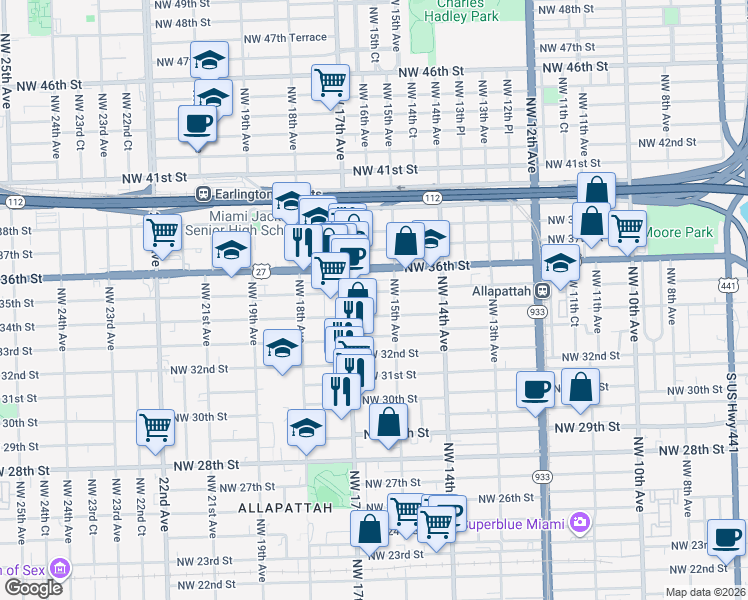 map of restaurants, bars, coffee shops, grocery stores, and more near 1601 Northwest 35th Street in Miami