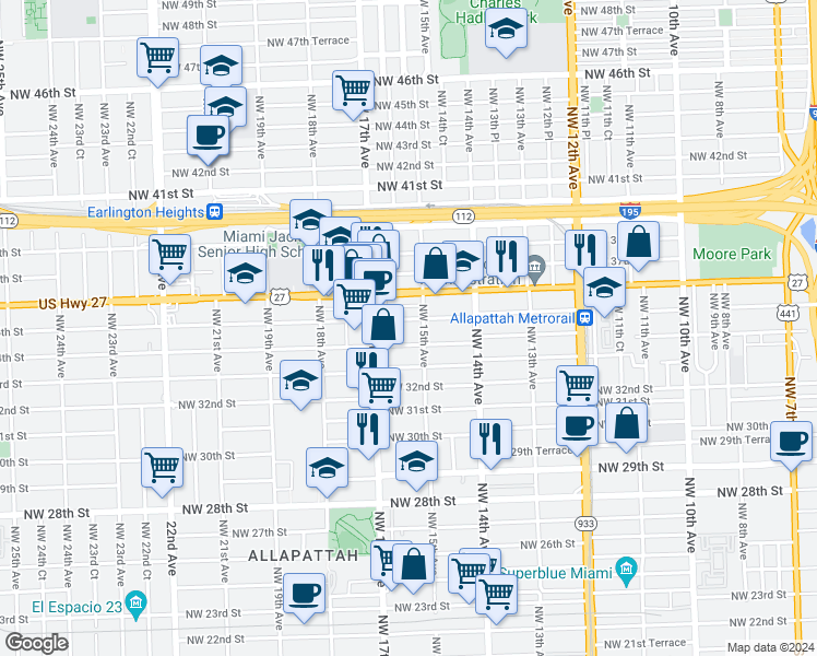 map of restaurants, bars, coffee shops, grocery stores, and more near 1530 Northwest 35th Street in Miami