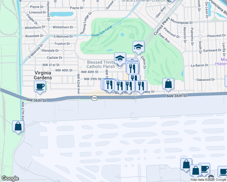 map of restaurants, bars, coffee shops, grocery stores, and more near 5851 Northwest 38th Street in Virginia Gardens