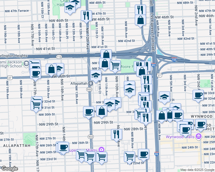 map of restaurants, bars, coffee shops, grocery stores, and more near 1045 Northwest 35th Street in Miami