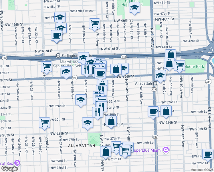map of restaurants, bars, coffee shops, grocery stores, and more near 1601 Northwest 35th Street in Miami