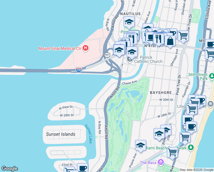 map of restaurants, bars, coffee shops, grocery stores, and more near 3140 North Bay Road in Miami Beach