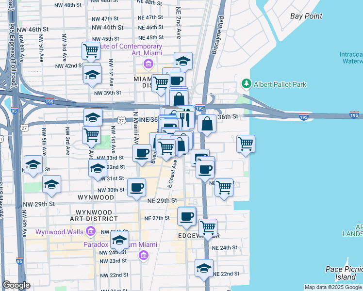 map of restaurants, bars, coffee shops, grocery stores, and more near h201 East Coast Avenue in Miami