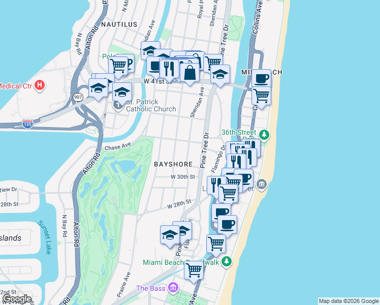 map of restaurants, bars, coffee shops, grocery stores, and more near 3191 Sheridan Avenue in Miami Beach